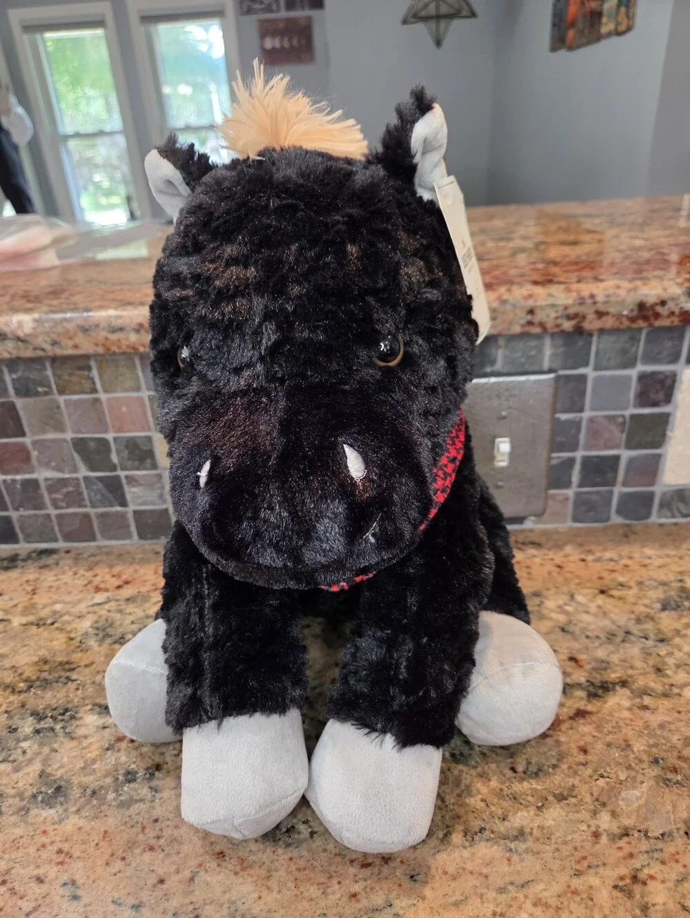 Red Shed Home & Gifts Horse Pony Plush, Small Black/Tan, Red Bandana Seated